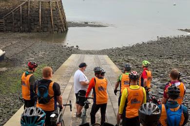 GCHQ Bude cycling event riders at the start at Clovelly RNLI station