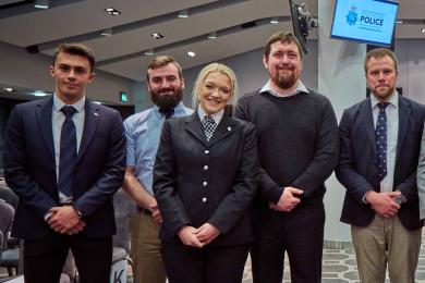 RNLI senior lifeguard Cameron Jacobie, Thomas McGinn, Emily Craven, Niall Robinson and RNLI helm Michael Stannard. Oz Nelson is not pictured.  Credit: Connor Wray