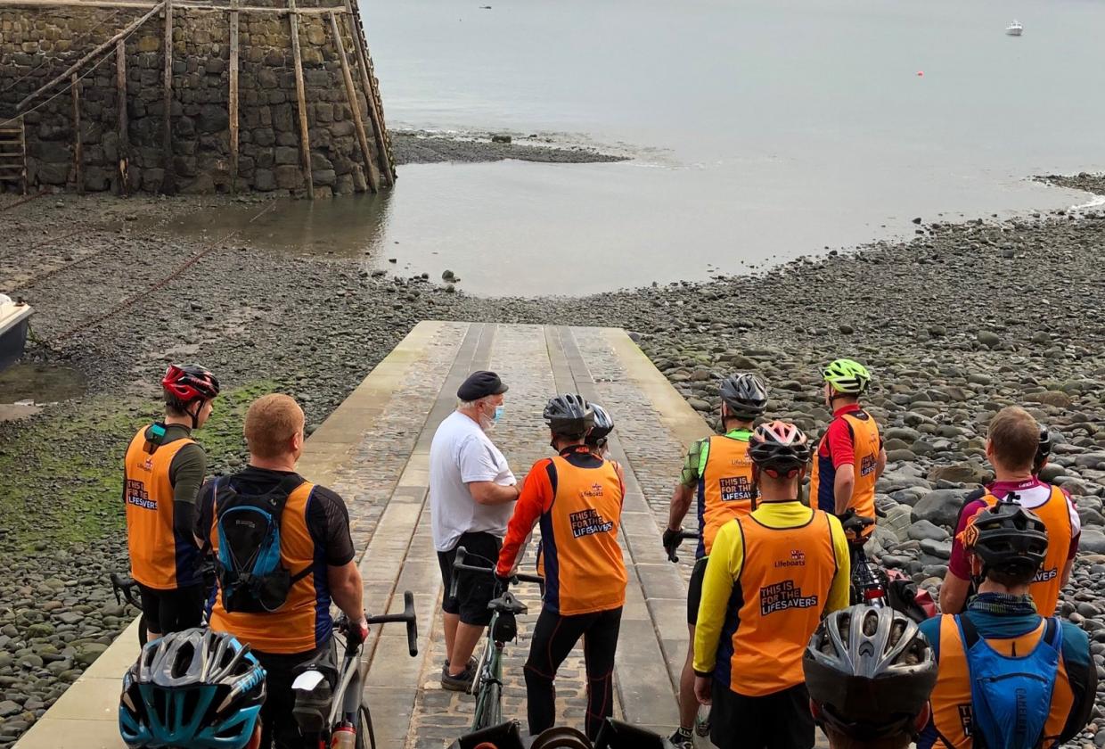 GCHQ Bude cycling event riders at the start at Clovelly RNLI station