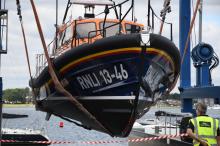 RNLB Duke of Edinburgh on a boat hoist being lowered into the water